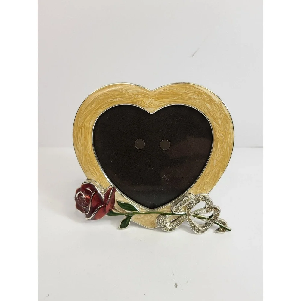 Gorham 1831 Heart Picture Frame Silver Tone Red Rose Rhinestone Bow Enameled